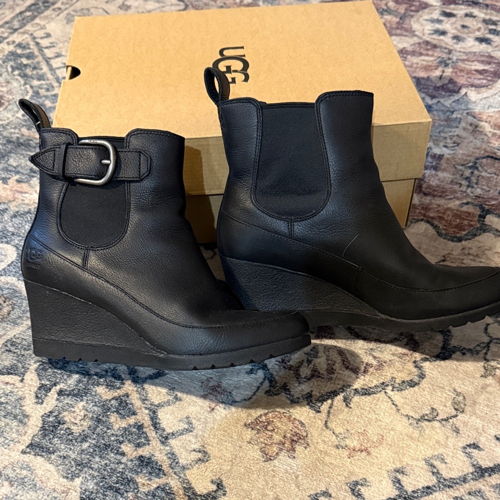 UGG Women's Black Leather Wedge Boots
